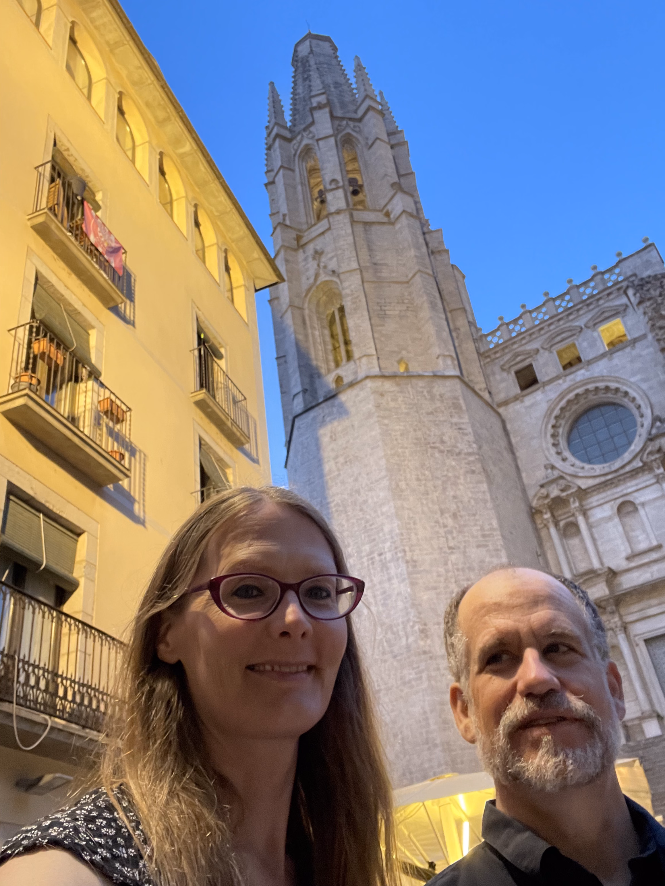 tracey & hunter in front of old Girona church