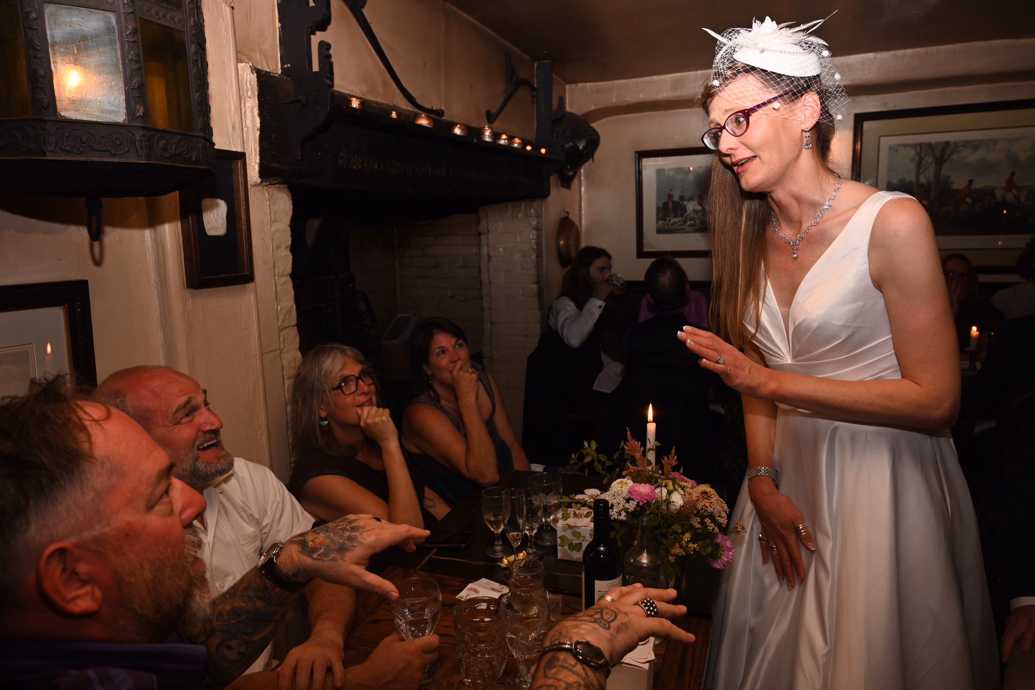 bride with dinner guests